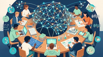 Nueve estudiantes en mesa redonda, con laptops, libros, tabletas. Una red neuronal abstracta flotante. Íconos de microscopio, compás, ecuaciones, partituras, mapas alrededor.