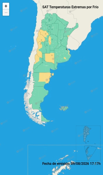 Mapa de Argentina con provincias en tonos verde y amarillo, que indica temperaturas extremas por frío. Incluye controles de zoom y fecha de emisión: 09/08/2026 17:17h