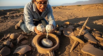 Arqueólogo con gafas se arrodilla en yacimiento desértico costero, mostrando dos papas liofilizadas antiguas sobre una vasija de cerámica y tierra.