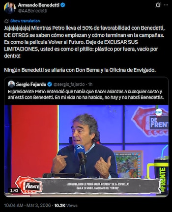 Armando Benedetti contestó a los señalamientos de Sergio Fajardo con una metáfora y rechazó cualquier vínculo con estructuras criminales - crédito @AABenedetti/X