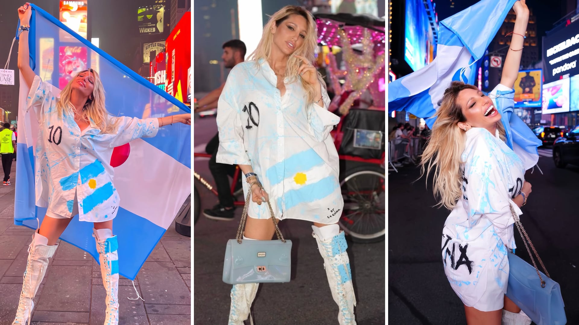 Vicky Xipolitakis revolucionó Times Square con un look “made in Argentina” antes de la gran final