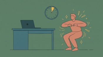 Ilustración de una persona que hace sentadillas junto a un escritorio con una computadora portátil bajo un reloj de pared.
