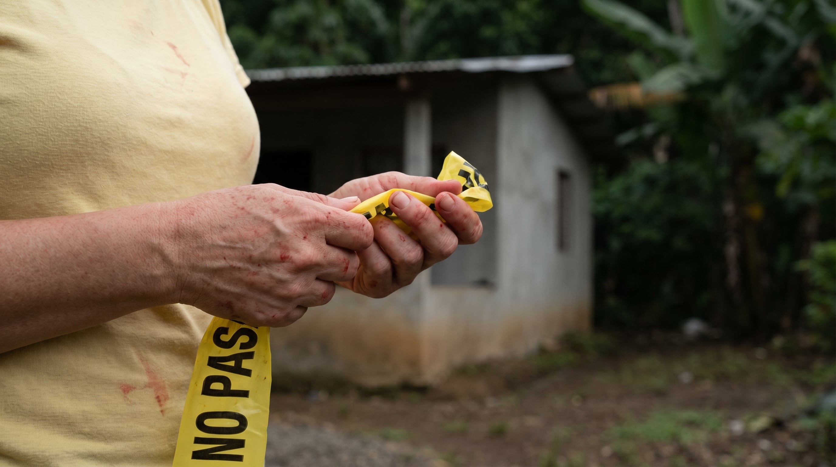 Las manos temblorosas de una mujer adulta, con leves manchas de sangre, sostienen una cinta amarilla de la policía costarricense con la inscripción