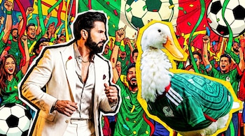 Poncho de Nigris en traje claro y un pato con camiseta verde de fútbol se muestran con siluetas definidas sobre un fondo de caricatura de festejos.
