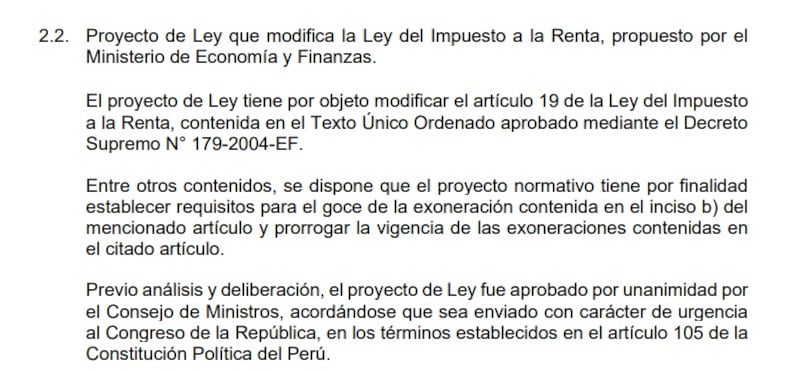 La sesión fue del 2 de octubre y dentro del acta se discutió el proyecto de ley que modifica la Ley del impuesto a la renta, con respecto a sus exoneraciones. - Crédito Captura de PCM