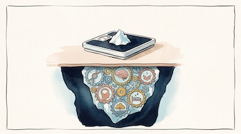 Una báscula sostiene la punta de un iceberg, cuya base subterránea contiene engranajes con íconos de ADN, un cerebro, un árbol y una cama.