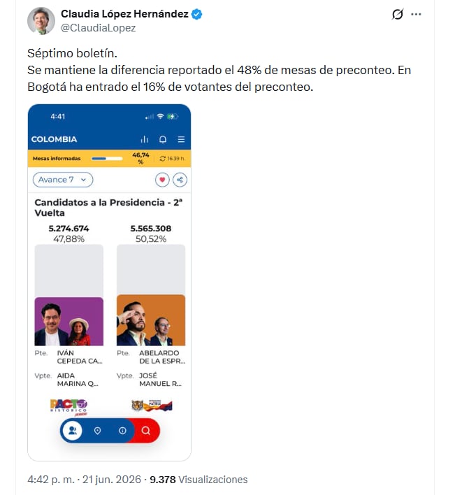 Claudia López estuvo atenta a los boletines de las elecciones presidenciales de Colombia - crédito @ClaudiaLopez/X