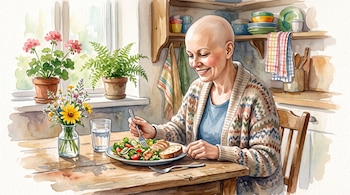 Acuarela de una mujer sin cabello que come en una mesa con un plato de ensalada, un vaso de agua y flores cerca de una ventana.