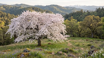 Un árbol grande con flores blancas en una colina con césped, rocas, un camino de tierra y montañas al fondo.