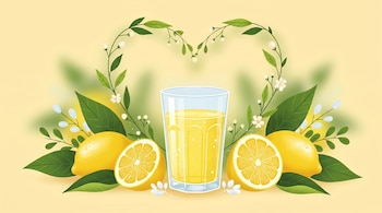 Ilustración digital de un vaso de limonada en el centro, flanqueado por limones enteros y cortados, con hojas verdes y flores blancas.