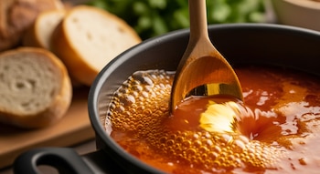 Primer plano de una olla negra con sopa de tomate burbujeante, una cuchara de madera sumergida y rebanadas de pan rústico desenfocadas.