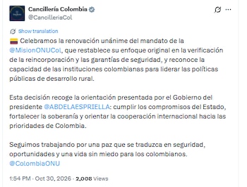 La Misión de Verificación fue creada en 2017 para acompañar la implementación del acuerdo firmado en 2016 con las antiguas Farc - crédito @CancilleríaCol/X