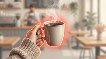 Ilustración realista y moderna de una mano sosteniendo una taza de café, con el fondo difuminado y en tonos neutros, mientras un sutil resplandor rojo-naranja rodea la taza, sugiriendo energía y vitalidad asociadas al café. - (Imagen Ilustrativa Infobae)