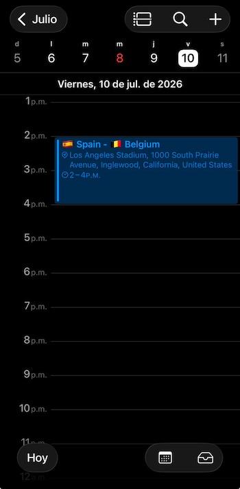 Captura de pantalla de un calendario con fecha 10 de julio de 2026, mostrando un evento entre España y Bélgica en Los Ángeles Stadium de 2 p.m. a 4 p.m