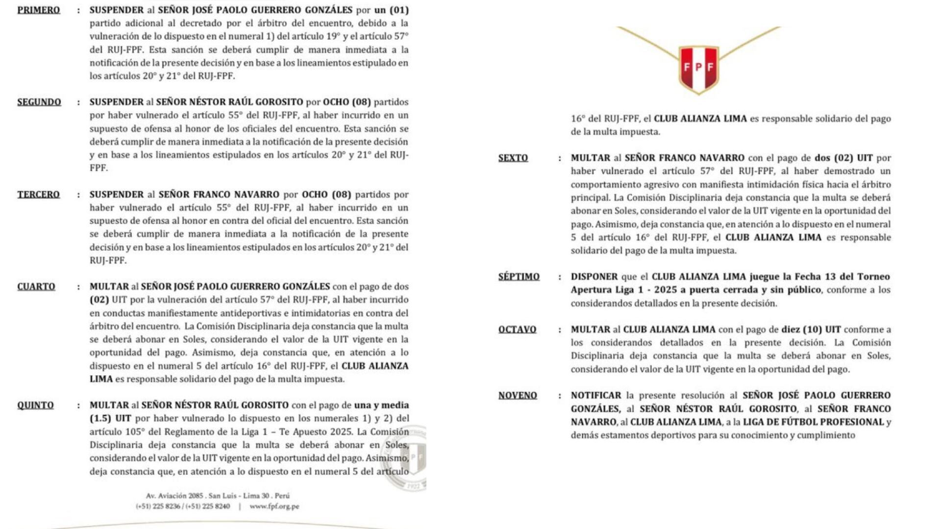 El informe final de la Federación Peruana de Fútbol sobre las sanciones de Néstor Gorosito, Franco Navarro y Paolo Guerrero.