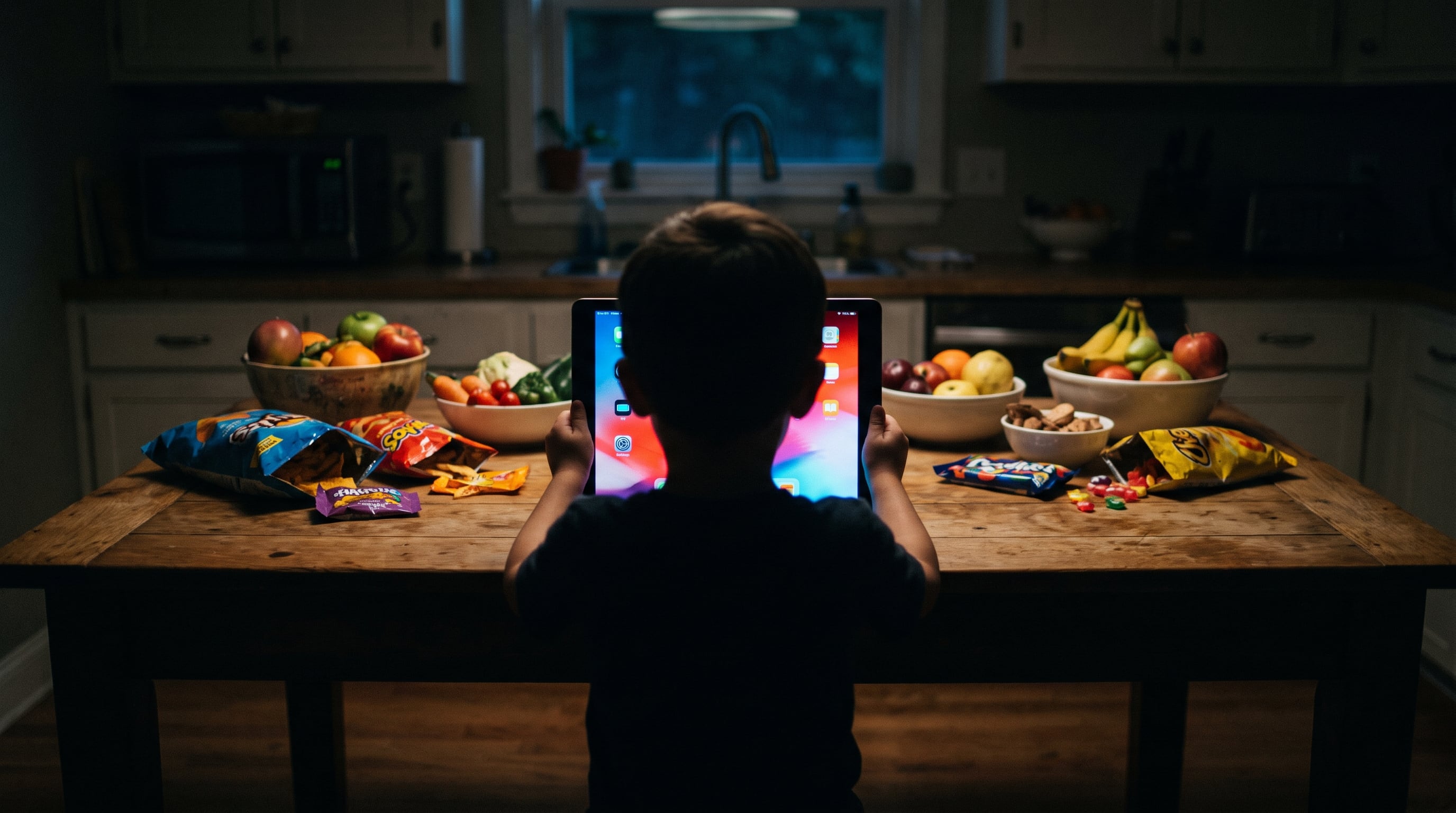 Un niño utiliza una tableta digital iluminada junto a empaques de alimentos procesados y tazones de fruta fresca en una cocina. (Imagen Ilustrativa Infobae)