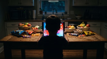 Vista posterior de un niño sosteniendo una tableta encendida ante una mesa de madera con empaques de bocadillos y tazones con fruta.