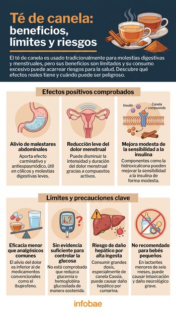 Infografía de té de canela con tazas de infusión, canela, e ilustraciones médicas: estómago, útero, glucómetro, hígado, medicamentos y un biberón tachado.