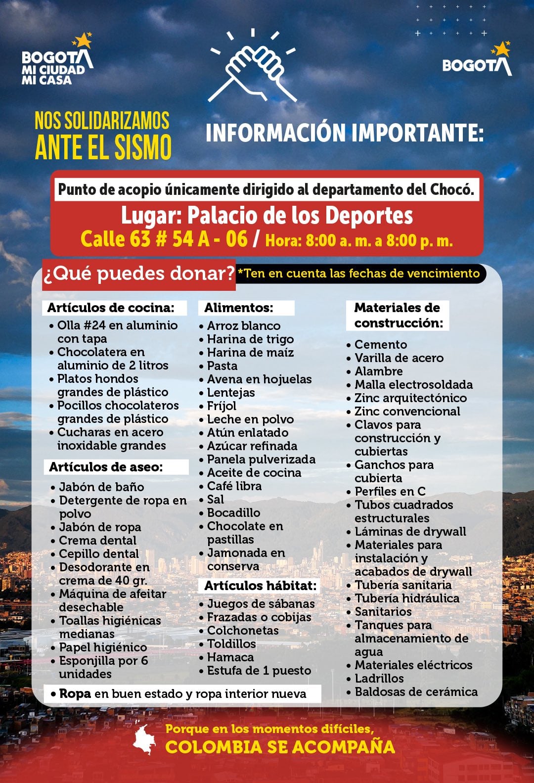 Secretaría de Gobierno informó sobre habilitación de un punto único de acopio para recibir donaciones que serán destinadas al departamento del Chocó - crédito @GobiernoBTA/X