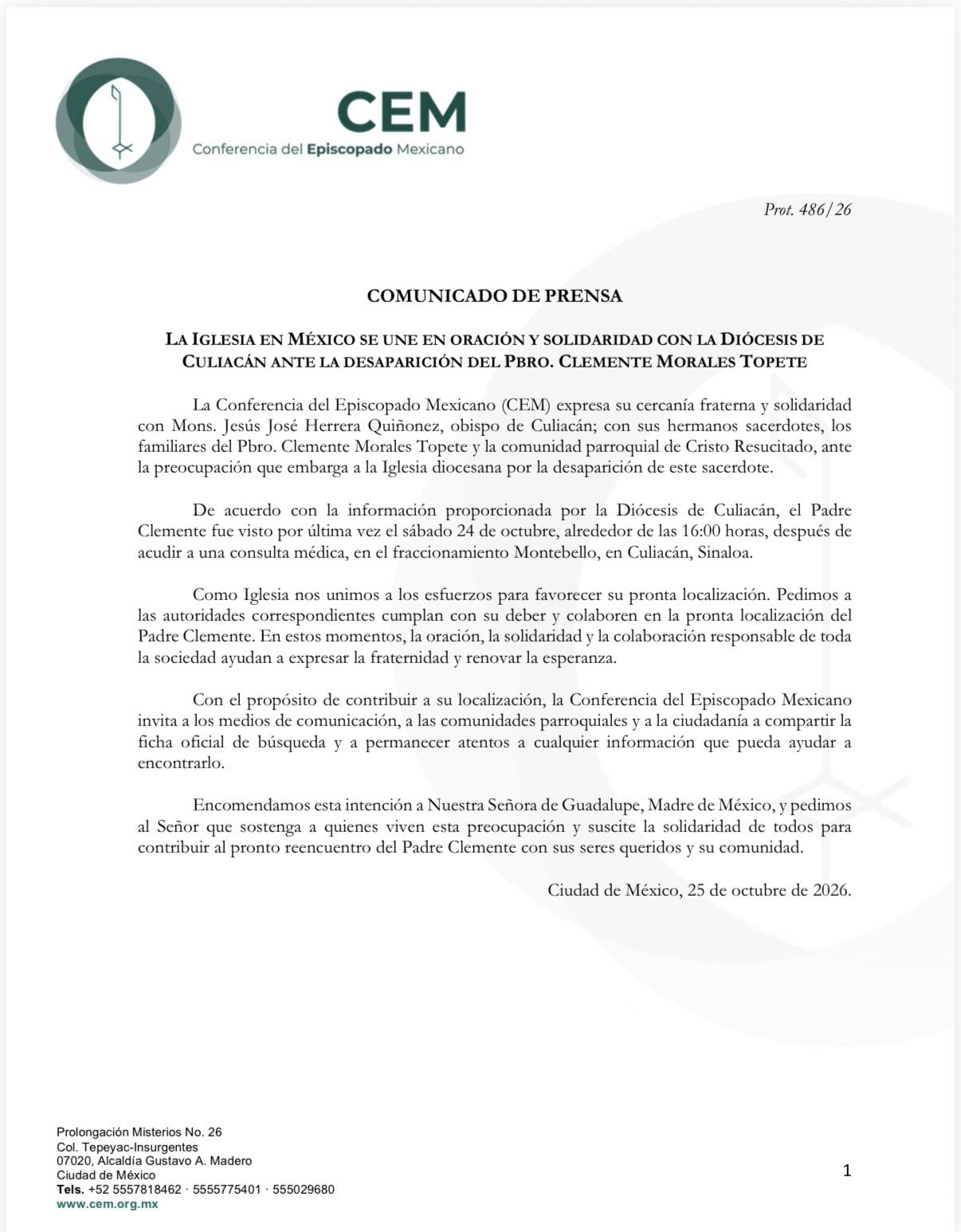 Comunicado del CEM sobre la desaparición del Padre Clemente Morales. (CEM)