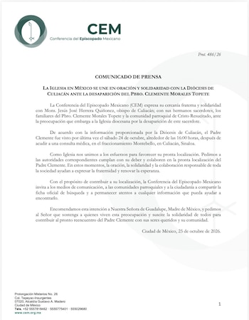 Comunicado del CEM sobre la desaparición del Padre Clemente Morales. (CEM)