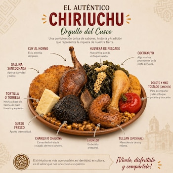 Un plato de Chiriuchu con cuy, gallina, tortillas, queso, charqui, chorizo, hueva de pescado, cochayuyo, rocoto y maíz tostado