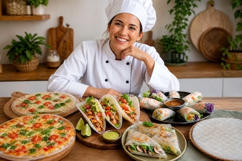 Una cocinera sonríe detrás de una mesa con pizzas, tacos y rollitos elaborados con hojas de papel de arroz.
