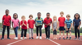 Diez niños de diversas edades y etnias, con ropa y calzado variados (algunos descalzos), se alinean en la pista roja de un estadio.