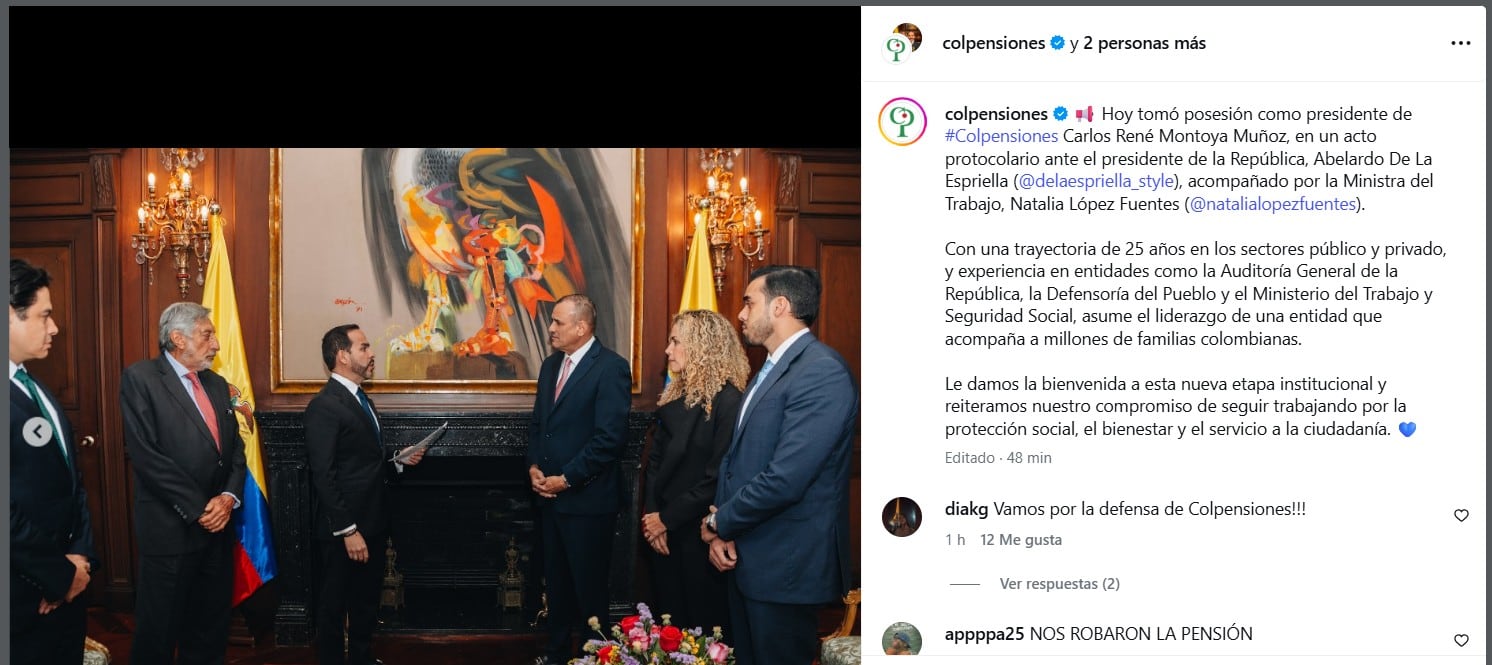 Colpensiones celebró la llegada de Carlos René Montoya a la presidencia de la entidad - crédito @colpensiones/Instagram