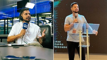 Composición de dos imágenes de un hombre: a la izquierda, con auriculares y micrófono en estudio de radio; a la derecha, en un podio dando un discurso