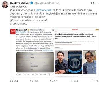 Gustavo Bolívar defendió en redes sociales la asignación inmediata de medidas de seguridad al activista. - Crédito @GustavoBolivar/X