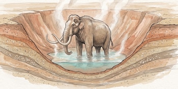 Ilustración de un elefante con colmillos en una hondonada con agua y vapor, rodeado de sedimentos en capas