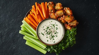 Aderezo ranch, receta casera, alitas, apio, zanahorias, yogur griego, suero de mantequilla, sabor cremoso, acompañamiento ideal - (Imagen Ilustrativa Infobae)