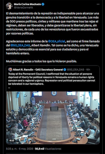 Captura de pantalla del tuit de María Corina Machado con texto en español. Abajo, un retuit de la OEA mostrando una sala de conferencias con personas sentadas