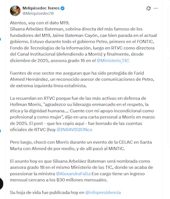 Melquisedec Torres informó que Silvana Arbeláez Bateman sería nombrada como asesora grado 18 en el mismo Ministerio de las TIC - crédito @Melquisedec70/X