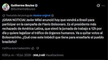 Captura de pantalla de un tuit de Guilherme Boulos con texto en español sobre Javier Milei, fecha 10 de julio de 2026, 308.3 mil visualizaciones