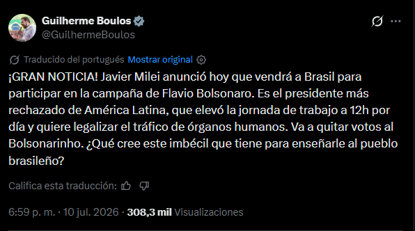 El tuit del funcionario de Lula da Silva cuestionando la visita de Javier Milei