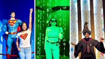 Panel de tres imágenes: joven junto a Superman, mujer en sala verde con letras colgantes, hombre con túnica de Hogwarts y sombrero seleccionador