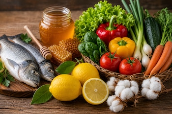 Productos de las economías regionales argentinas. Sobre una mesa pescado, limones, miel, hortalizas pesadas y capullos de algodón