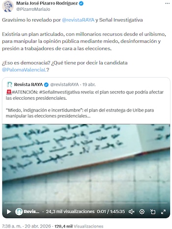 María José Pizarro habló del supuesto plan del uribismo para manipular elecciones y exigió respuesta de Paloma Valencia - crédito @PizarroMariaJo/X