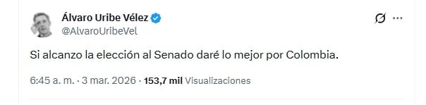 El exmandatario Álvaro Uribe dejó en un mensaje y un video su promesa a los colombianos de cara a los comicios legislativos - crédito @AlvaroUribeVel/X