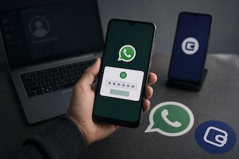 Una mano sostiene un teléfono móvil con una ventana de código de verificación junto a una computadora portátil y un segundo teléfono.