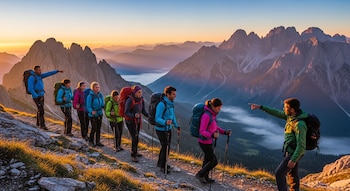 Grupo de senderistas con mochilas y bastones camina por un sendero rocoso en la montaña al amanecer, con dos guías señalando el paisaje montañoso.