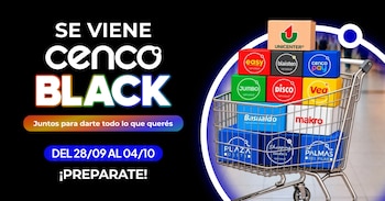Cartel promocional de Cenco Black con un carro de compras lleno de cajas de cartón con logotipos de supermercados y centros comerciales