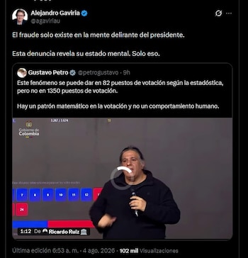 Alejandro Gaviria cuestionó las denuncias de Gustavo Petro sobre un presunto fraude electoral y afirmó que estas solo existen "en la mente delirante del presidente" - crédito Alejandro Gaviria/X