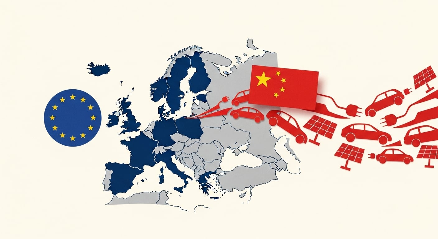 Una ilustración conceptual muestra una ola de productos chinos, incluyendo vehículos eléctricos y paneles solares, avanzando sobre un mapa estilizado de Europa, con el logo de la Unión Europea a la izquierda. (Imagen Ilustrativa Infobae)