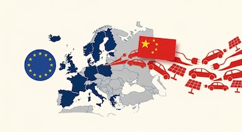 Ilustración de un mapa de Europa en azul y gris con el logo de la UE. Una ola roja de autos eléctricos, paneles solares y la bandera de China avanza desde la derecha.