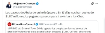 Alejandro Ocampo cuestionó el millonario costo del uso del helicóptero por parte de Abelardo de la Espriella en solo 18 días de gobierno - crédito @alejoocampog/X