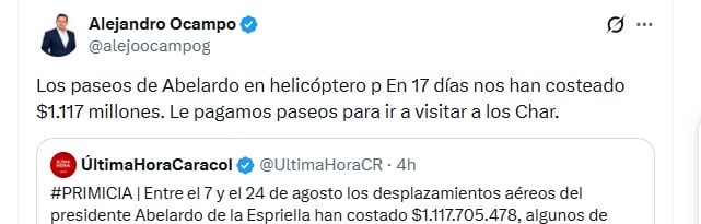 Alejandro Ocampo cuestionó el millonario costo del uso del helicóptero por parte de Abelardo de la Espriella en solo 18 días de gobierno - crédito @alejoocampog/X