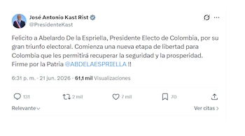 José Antonio Kast, presidente de Chile, habló del triunfo de Abelardo de la Espriella